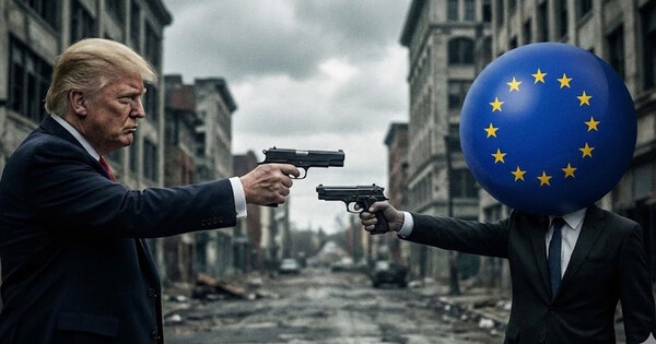 그린란드를 두고 도널드 트럼프 미국 대통령과 유럽연합의 갈등이 심상치 않다. 사진은 이해를 돕기 위해 AI로 생성한 이미지를 재편집한 것. ⓒ 허프포스트코리아