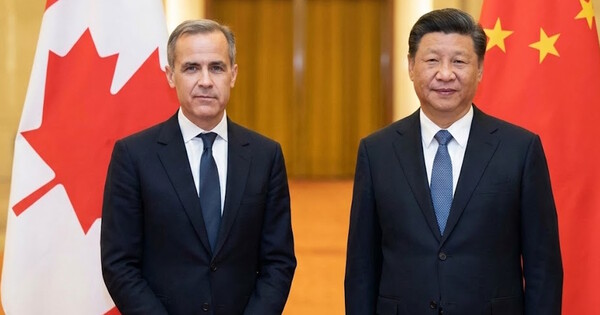 마크 카니 캐나다 총리와 시진핑 중국 국가주석. 사진은 이해를 돕기 위해 AI로 생성한 이미지를 재편집한 것. ⓒ 허프포스트코리아