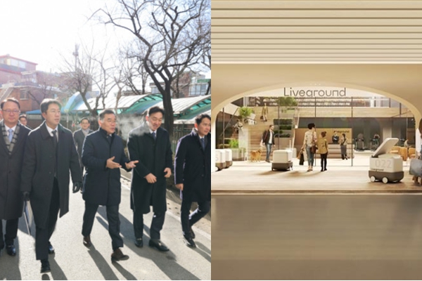 김보현 대우건설 대표이사 사장(가운데)이 22일 성수4지구를 찾았다. 오른쪽은 경쟁사인 롯데건설이 내세운 특화 지하 공간 '라이브그라운드'의 모습. ⓒ대우건설, 롯데건설