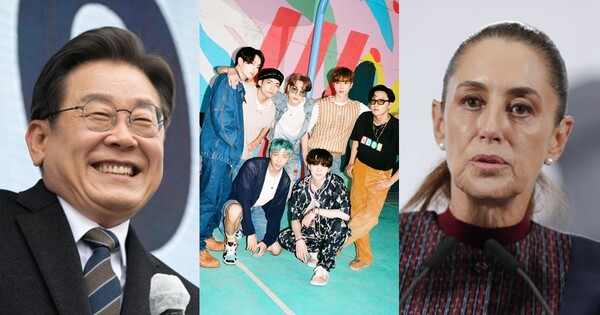 이재명 대통령(왼쪽), 방탄소년단(중앙),&nbsp;클라우디아 셰인바움 멕시코 대통령. ⓒ연합뉴스