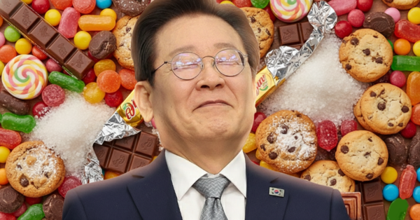 쌓여있는 쿠키, 초콜렛과 이재명 대통령을 AI로 만든 이미지. ⓒ허프포스트코리아