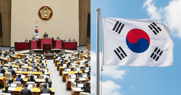 국회 본회의장(왼쪽), AI로 제작한 태극기. ⓒ연합뉴스, 허프포스트코리아