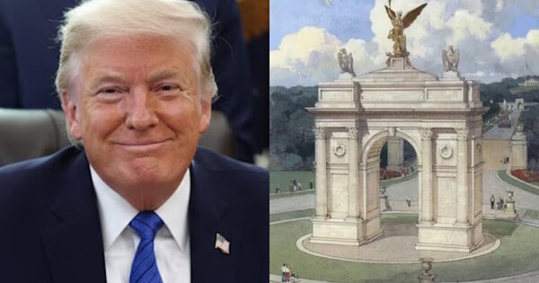 도널드 트럼프 미국 대통령(왼쪽)과 해리슨 디자인의 미국 개선문 가상 이미지. 트럼프 대통령 사진은 AI로 생성한 이미지를 재편집한 것. ⓒ 허프포스트코리아, SNS 갈무리