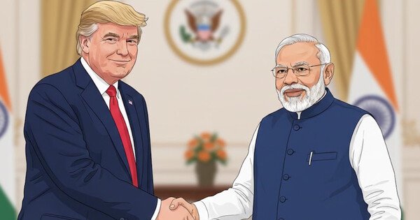 도널드 트럼프 미국 대통령과 나렌드라 모디 인도 총리가 악수하는 일러스트. ⓒ 허프포스트코리아
