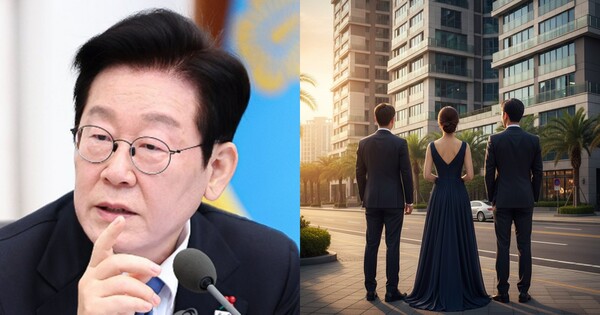 이재명 대통령(왼쪽), AI로 제작한 고급 아파트 단지. ⓒ연합뉴스, 허프포스트코리아