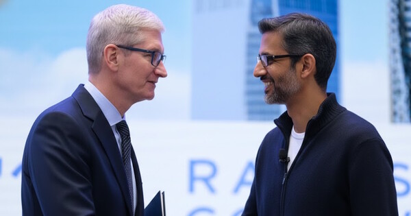 팀 쿡 애플 최고경영자와 순다르 피차이 알파벳 최고경영자. 사진은 이해를 돕기 위해 AI로 생성한 이미지를 재편집한 것. ⓒ 허프포스트코리아