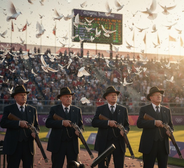 현대 올림픽으로 재구성한 비둘기 사격 종목 AI 이미지. ⓒ허프포스트코리아