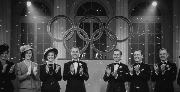 AI로 만든 오륜기 모형 앞에서 박수치고 있는 사람들. ⓒ허프포스트코리아