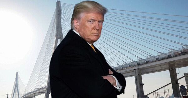 도널드 트럼프 미국 대통령과 고디 하우 국제대교. 사진은 이해를 돕기 위해 AI로 생성한 이미지를 재편집 한 것.