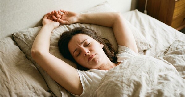 '만세' 자세로 자는 사람은 근골격계 불균형이 있을 수 있다. 사진은 이해를 돕기 위해 AI로 생성한 그림을 재편집한 것.