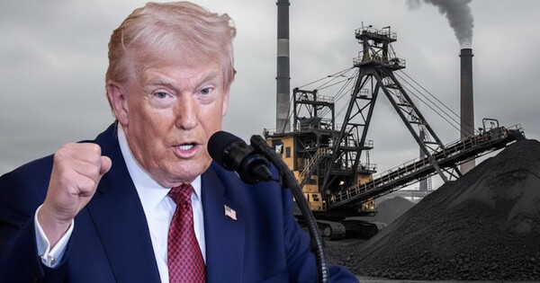 도널드 트럼프 미국 대통령과 석탄 채굴 현장. 사진은 이해를 돕기 위해 AI로 생성한 이미지를 재편집한 것.