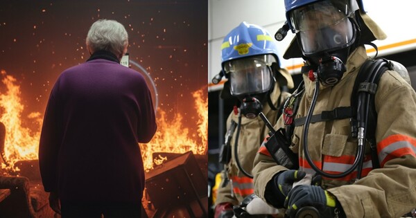 AI로 제작한 화재 속 119에 신고 중인 노인(왼쪽),&nbsp;소방합동훈련을 실시 중인 소방관들. ⓒ허프포스트코리아, 연합뉴스