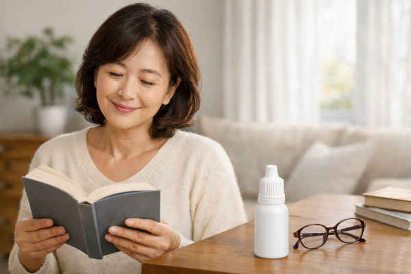 노안치료제 사용 후 책을 읽고 있는 중년 여성을 그려달라는 요구에 챗지피티가 생성한 이미지