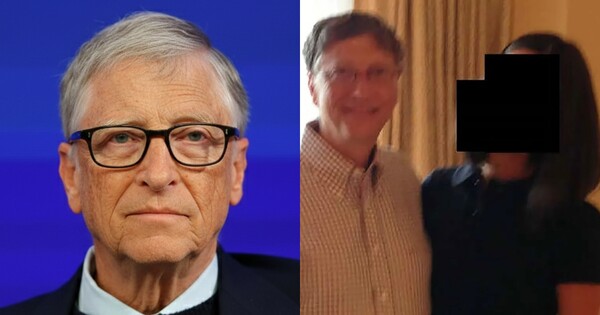 AI로 제작한 정면을 바라보는 빌 게이츠(왼쪽),&nbsp;신원이 확인되지 않은 여성과 함께 찍힌 빌 게이츠의 사진. ⓒ허프포스트코리아, 미 하원 감독위원회