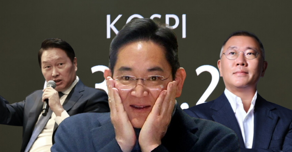 이재용 삼성전자 회장(중앙), 최태원 SK그룹 회장(왼쪽), 정의선 현대자동차 회장. ⓒ연합뉴스