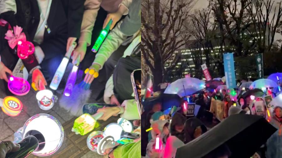 25일 밤 일본 국회의사당 앞에 응원봉 물결이 펼쳐졌다 : K-집회 문화 또 수출됐다