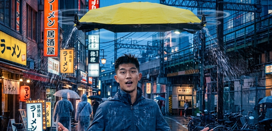 비 오는 날 양손이 자유로운 날아다니는 '드론 우산' : 언제쯤 나올까 - 뉴스 썸네일 이미지