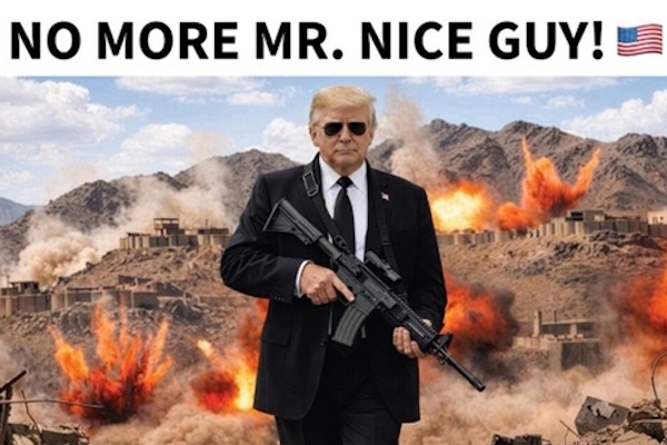 이란전쟁 장기화에 미국은 '말대포'만 쏜다 : 트럼프, '색안경에 돌격소총' 합성사진